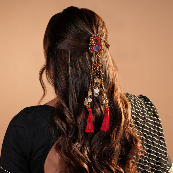 Coin & Mirror Hair Tassels with U Pin - Red