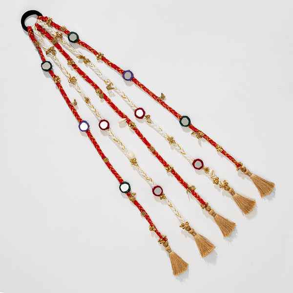 Utsav Mirror Boho Hair Tassels Parandi - Red & White
