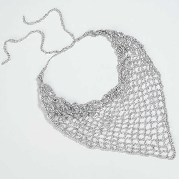 Fine silver crochet headscarf with lightweight feel and subtle shimmer for all-day comfort
