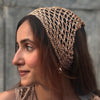 Bohemian crochet headscarf in dull gold zari with fine metallic warmth and soft texture