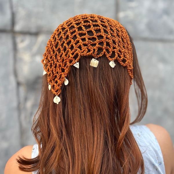 Bohemian Crochet Headscarf with Shell Charms - Brown -Small