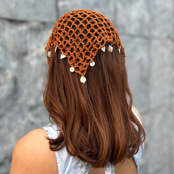 Bohemian Crochet Headscarf with Shell Charms - Brown -Small