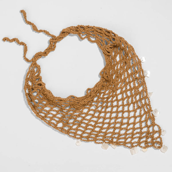 Bohemian Crochet Headscarf with Shell Charms - Brown -Small