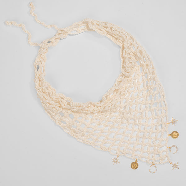 Crochet headscarf in off white with gold celestial charms that move, ties as bandana or wrap