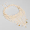 Neutral crochet bandana with moving gold charms, bohemian headscarf catches light all day long