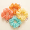 Four sheer chiffon hair scrunchies in peach, orange, yellow, and light blue, arranged in a circle on a warm off-white background. Each scrunchie has a small fabric tag with the brand name 'IICQ' printed on it.