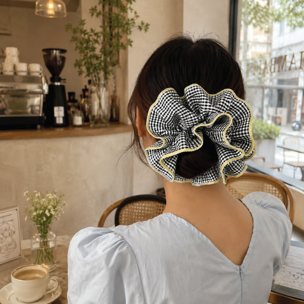 Black Gingham Oversized Ruffle Scrunchie
