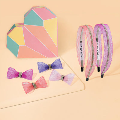 Rainbow Crystal Mesh 6 Pieces Gift Box with 2 Hair Bands & 4 Hair Bows