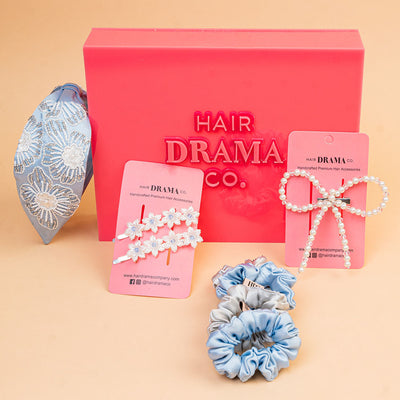 Glitzy Gift Box with 1 Knotted Hair Band, 1 Pearl Hair Bow, 2 Hair Pins & 4 Scrunchies - Blue