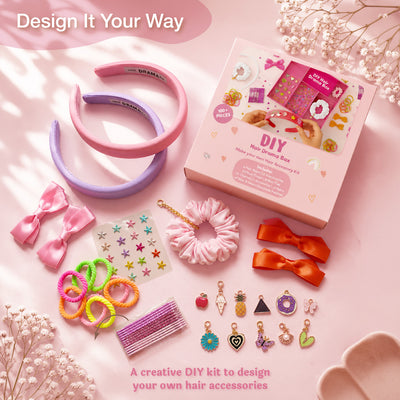DIY Hair Drama Box with 2 Hair Bands, 1 Scrunchie, 4 Mini Bows, 20 Hair Ties, 12 Exclusive Charms & 100+ Crystals - Pink & Lilac