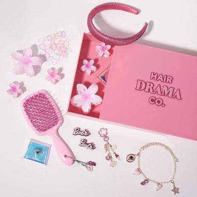42 Pieces Barbie Glam DIY Gift Box with 1 Detangling Hair Brush, 7 Charms, 1 Hair Band, 1 Bag Charm, Holographic Pouch & more - Purple