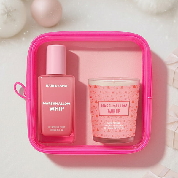 Pink hair care set with 'Hair Drama' and 'Marshmallow Whip' products in a pink case.