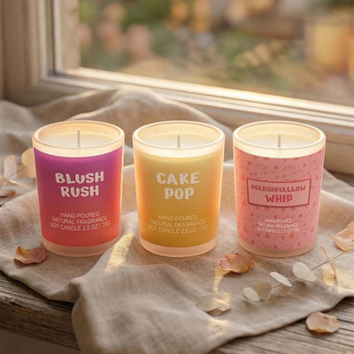 Soy candle gift set with Blush Rush, Cake Pop and Marshmallow Whip scented candle trio