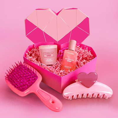 Everyday Glam-ssentials gift box with marshmallow hair mist, soy candle, brush and pink claw clip