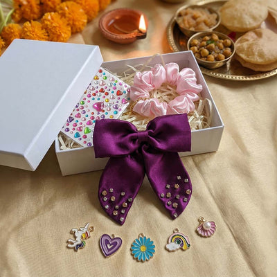 Kanjak gift set with crystal hair bow, charm scrunchie & sticker sheet for girls aged 5–14