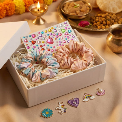 Kanjak scrunchie gift set with lobster clasp, 5 swappable charms & sticker sheet for girls