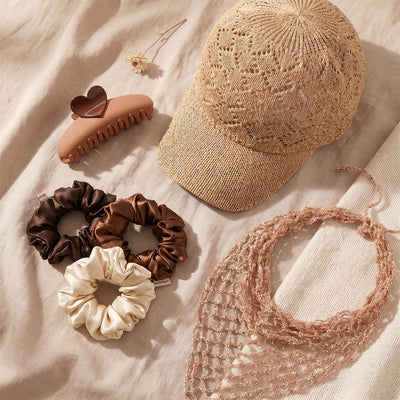 Summer hair accessories gift set with crochet cap, bohemian headscarf, satin scrunchies, and claw clip