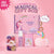 A pink unicorn-themed gift box set displayed on a pink background. The set includes a large box labeled 'Unicorn Magic Gift Box,' a pink fluffy unicorn keychain, a small pink bottle labeled 'Sparkle,' a clear container of colorful hair ties, and a cloud-shaped tag that reads 'For Girls Who Sparkle Extra Bright.