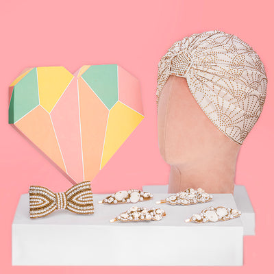 Bling Gift Box with 1 Crystal Turban, 1 Embellished Hair Bow and 4 Embroidered Hair Pins  - Gold