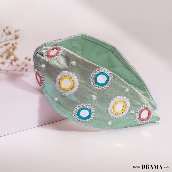 Mirrorwork Knotted Headband - Mint Green