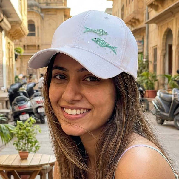 Fish Motif Baseball Cap – White
