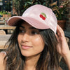 Pink satin baseball cap with embroidered cherry detail - cute summer accessory for girls