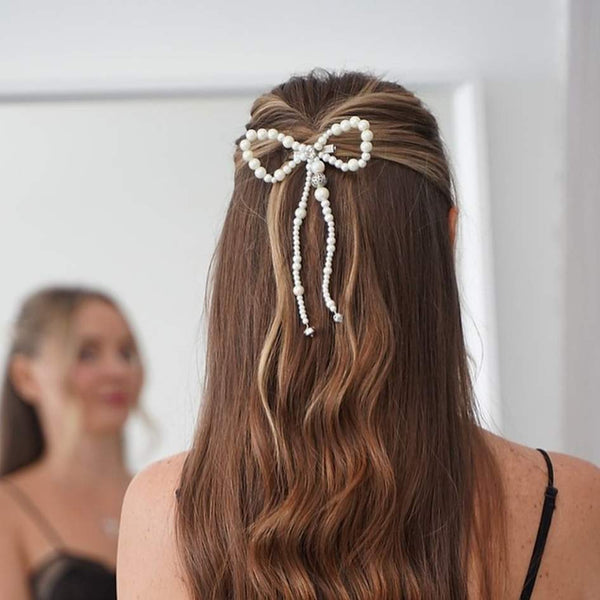 Embellished Pearl Hair Bow Alligator Clip with Silver Stone - Off-White