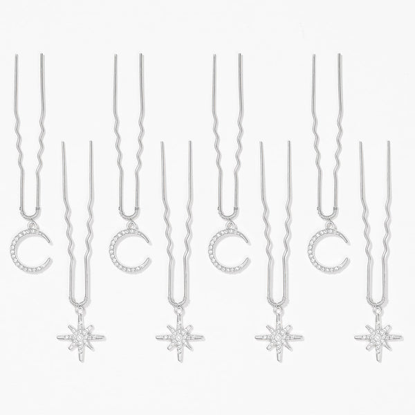 8-piece celestial hair pin set with tiny stars moons styling a romantic wedding guest hairstyle