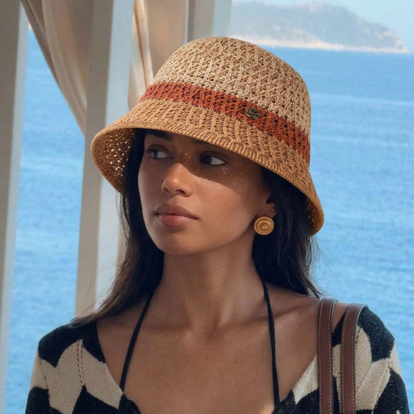 Crochet Beach Bucket Hat with Rose Charm - Shades of Beige