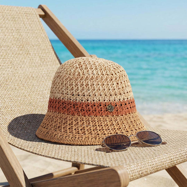 Crochet Beach Bucket Hat with Rose Charm - Shades of Beige