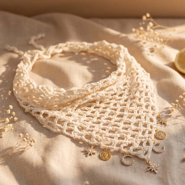 Crochet headscarf in off white with gold celestial charms that move, ties as bandana or wrap
