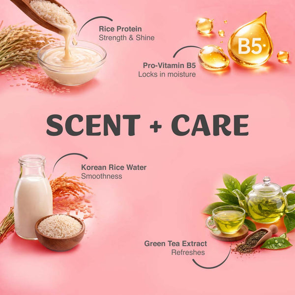 Long-lasting hair perfume mist infused with rice protein and green tea for silky and fresh-feeling hair
