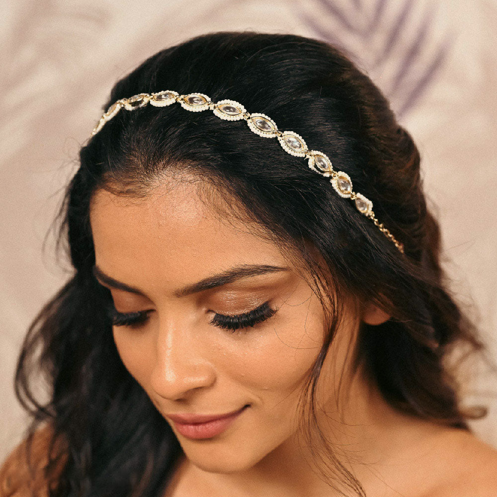 Gold-Plated Kundan, Polki and Pearls Studded Almond-shaped Head Chain