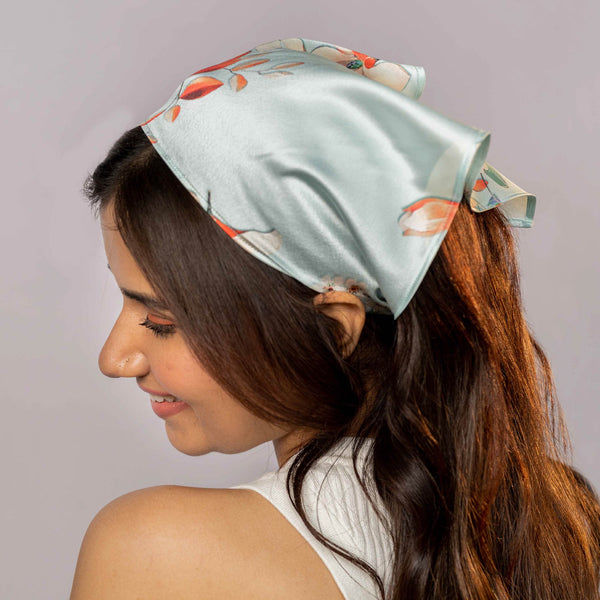 Blue Floral Satin Headscarf Headband with Elastic
