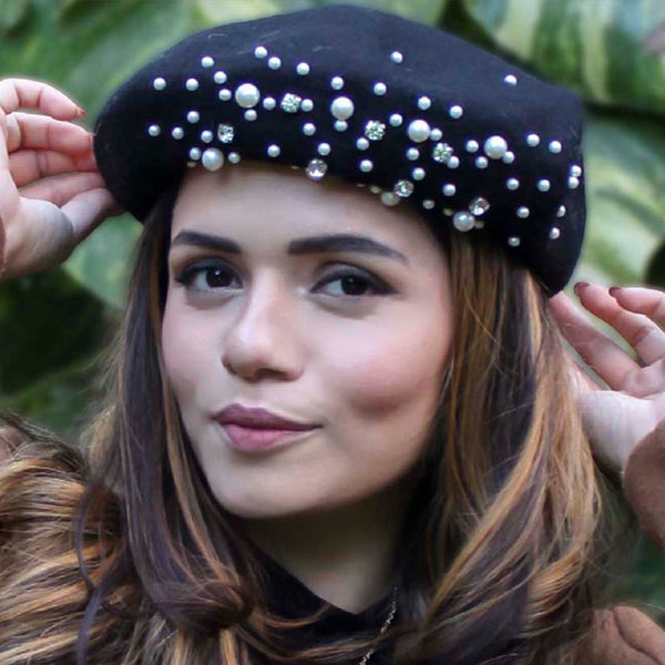 Black Beret with Pearls & Crystals