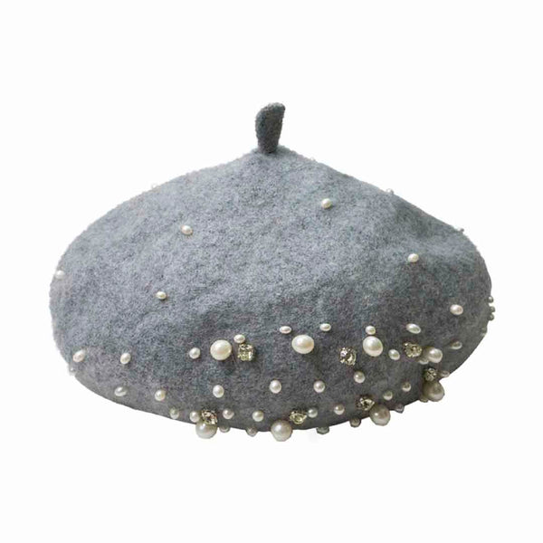 Grey Beret with Pearls & Crystals 