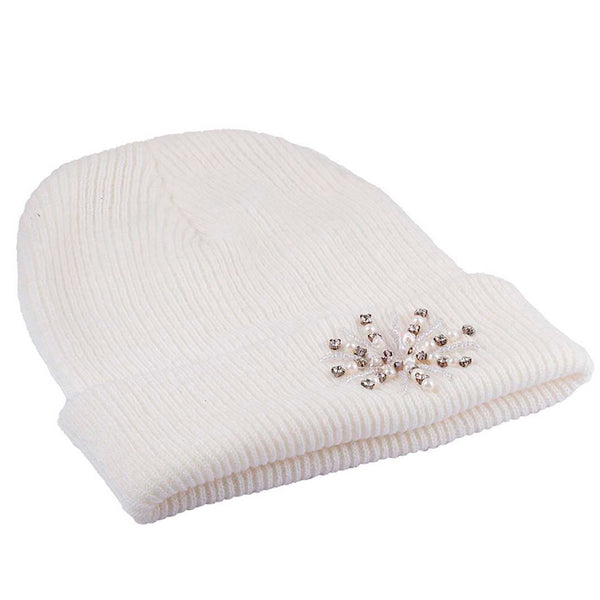White Beanie with Pearls & Crystals