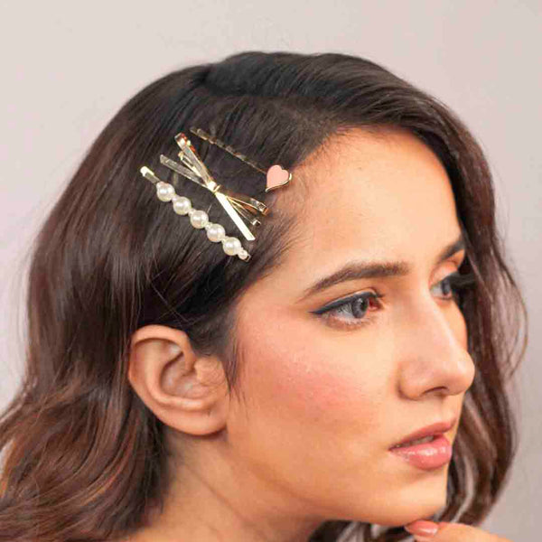 Heart & Bow Hair Pins - Set of 3 - Pink