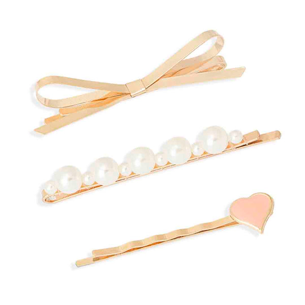 Heart & Bow Hair Pins - Set of 3 - Pink