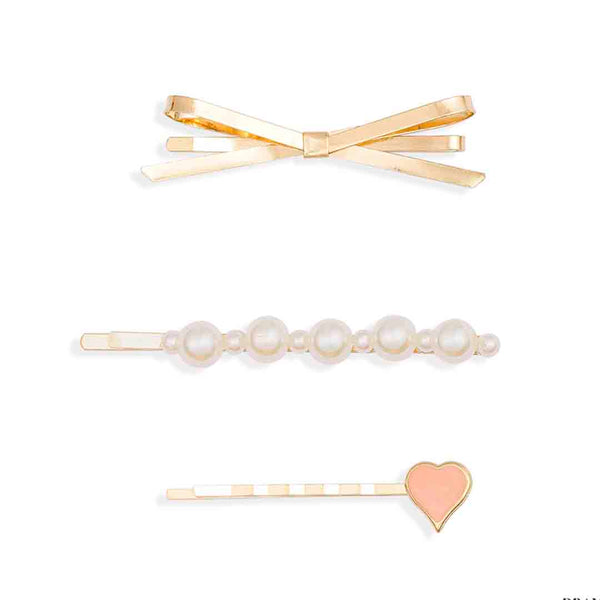 Heart & Bow Hair Pins - Set of 3 - Pink
