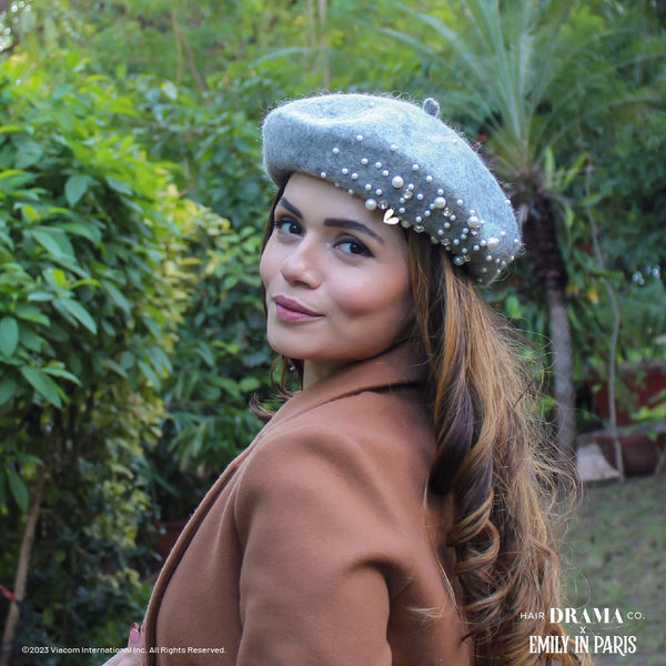 HDC X Emily In Paris Grey Beret with Pearls, Crystals & Heart Charm