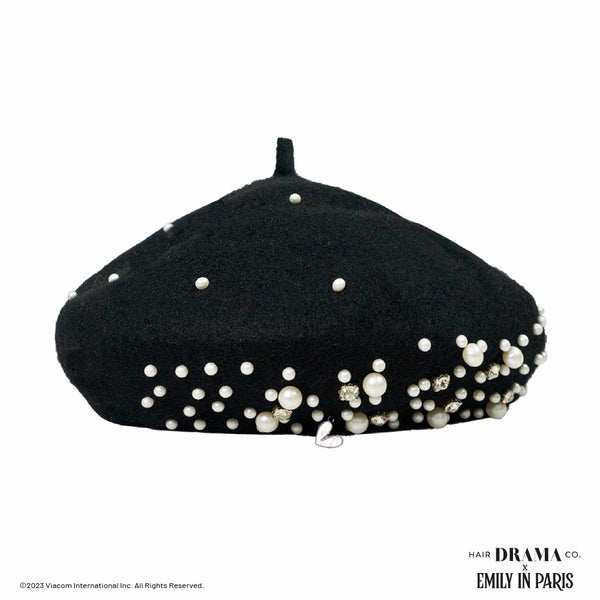 HDC X Emily In Paris Black Beret with Pearls, Crystals & Heart Charm