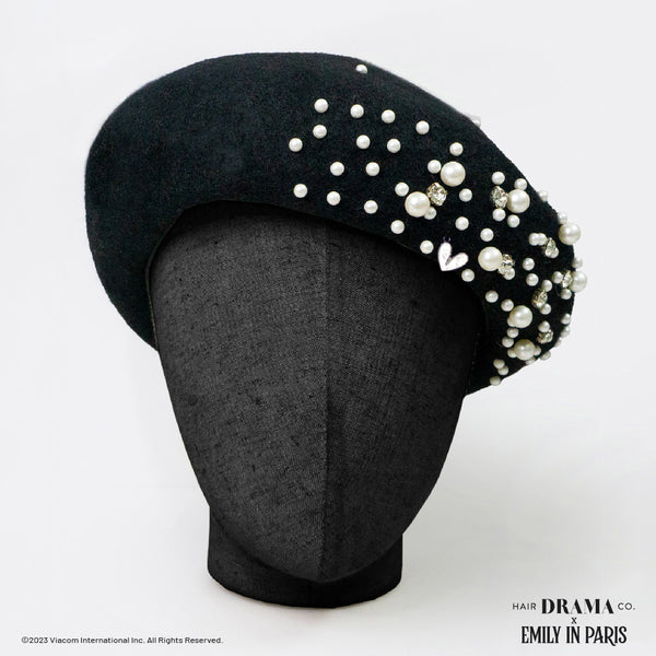 HDC X Emily In Paris Black Beret with Pearls, Crystals & Heart Charm