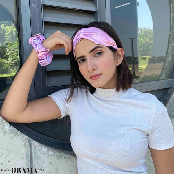 Tie-Dye Cross-Knot Stretch Headband & Scrunchie Set - Pink & Lilac