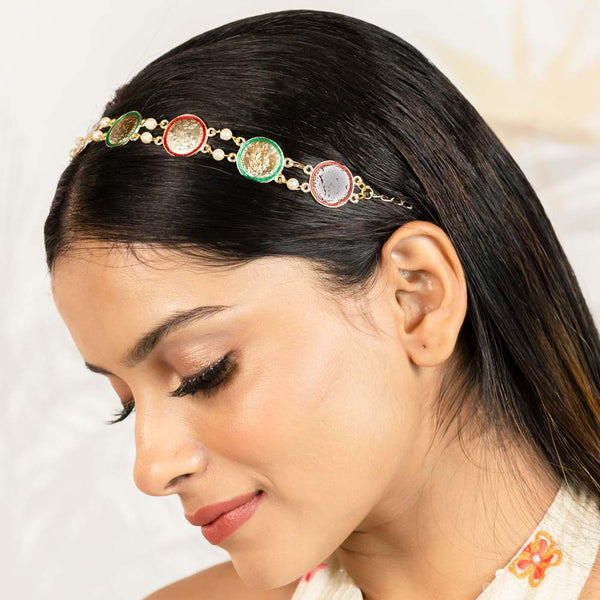 Gold Plated Hair Band for Women with Pearls and Enamel - Green and Red